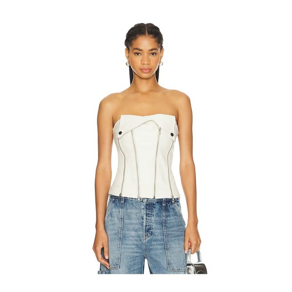 Superdown Small Bone Cream Vegan Leather Moto Corset Top Baddie Edgy Strapless